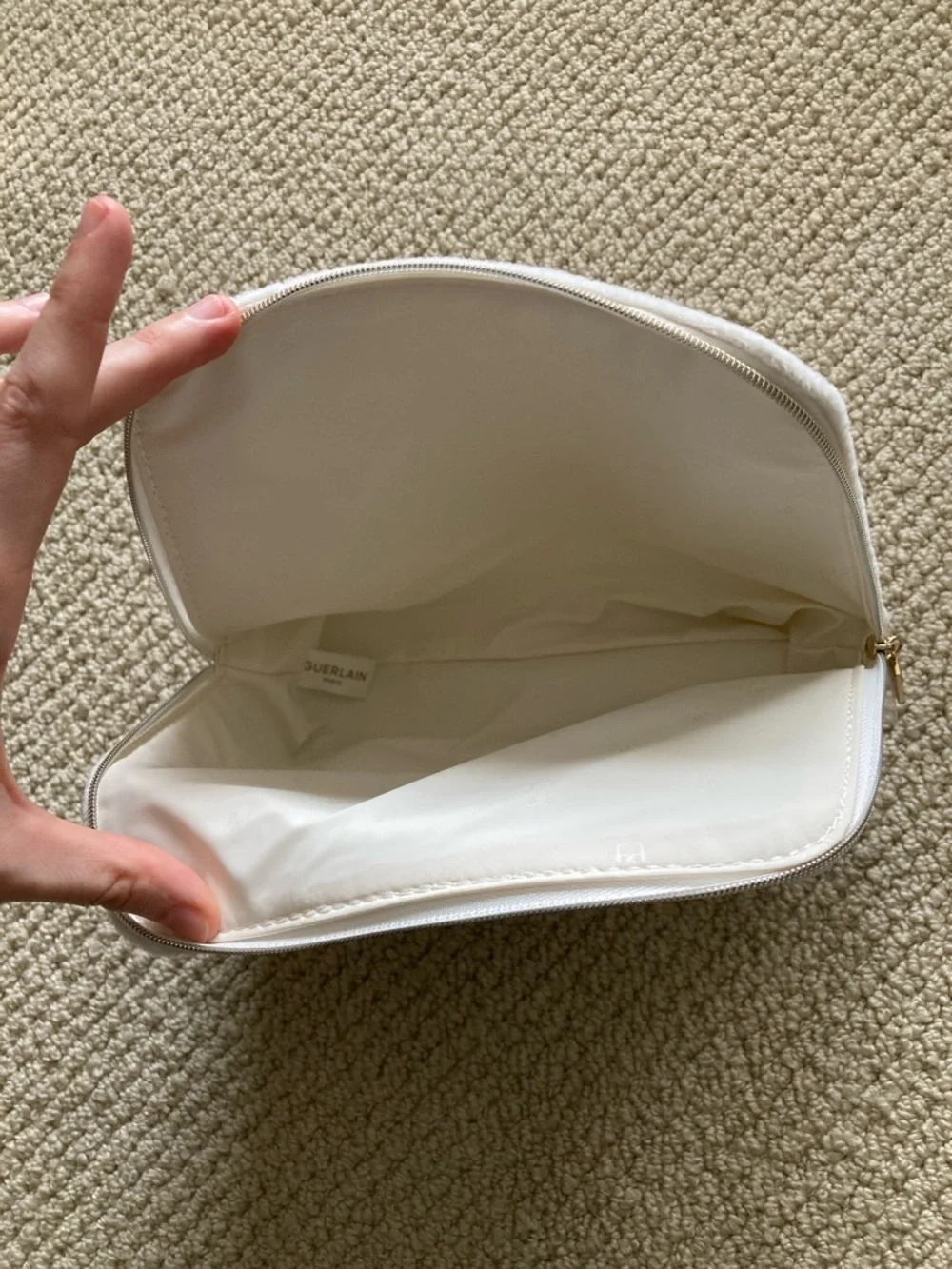 GUERLAIN White Cosmetic Pouch with Gold Bee Accent